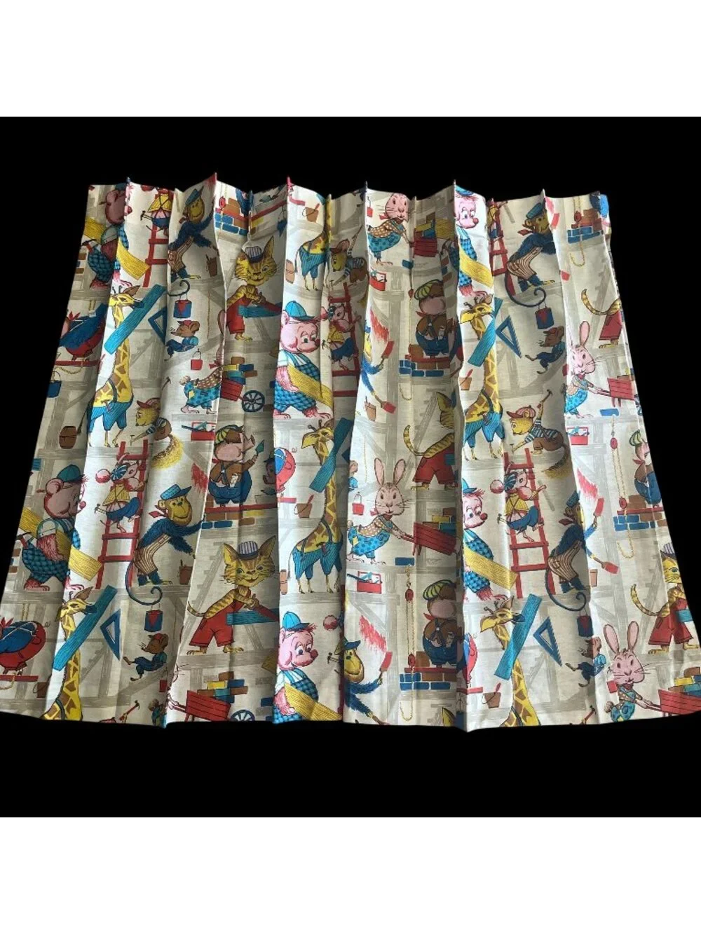 Pair of Vintage Kid's Short Curtains Cartoon Construction Animals Linen